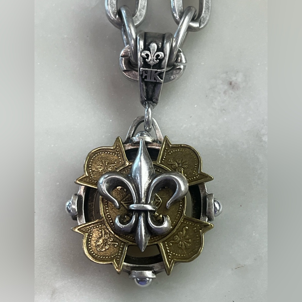 FRENCH KANDE Silver Chain Necklace with Fleur De Lis Brass Pendant - Beautiful!